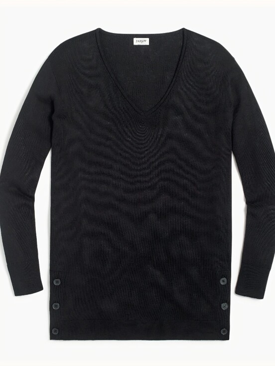 J. Crew Factory Sweaters - J. Crew Factory Black V-Neck Linen- Blend Button-Hem Tunic Sweater Size M